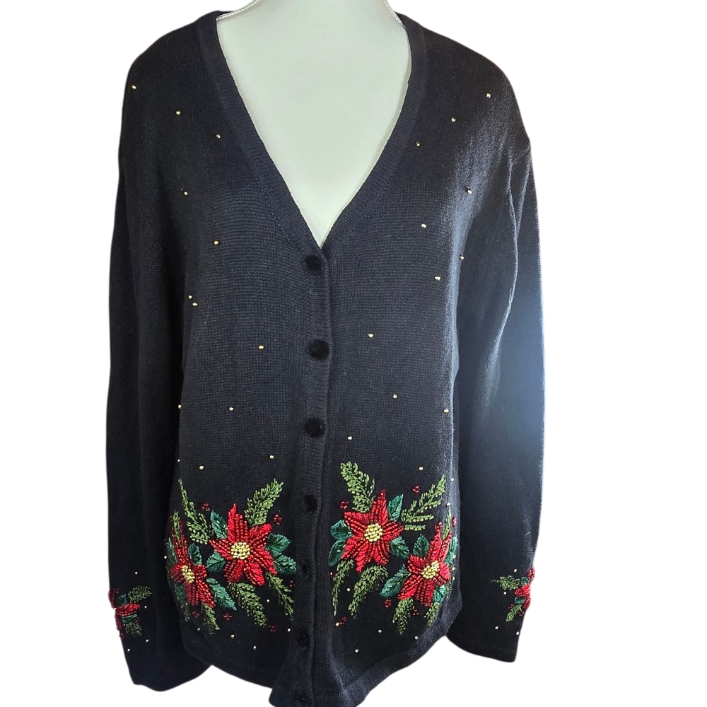 Heirloom Collectibles Black Beaded Poinsetta Holiday Cardigan Sweater Size XL